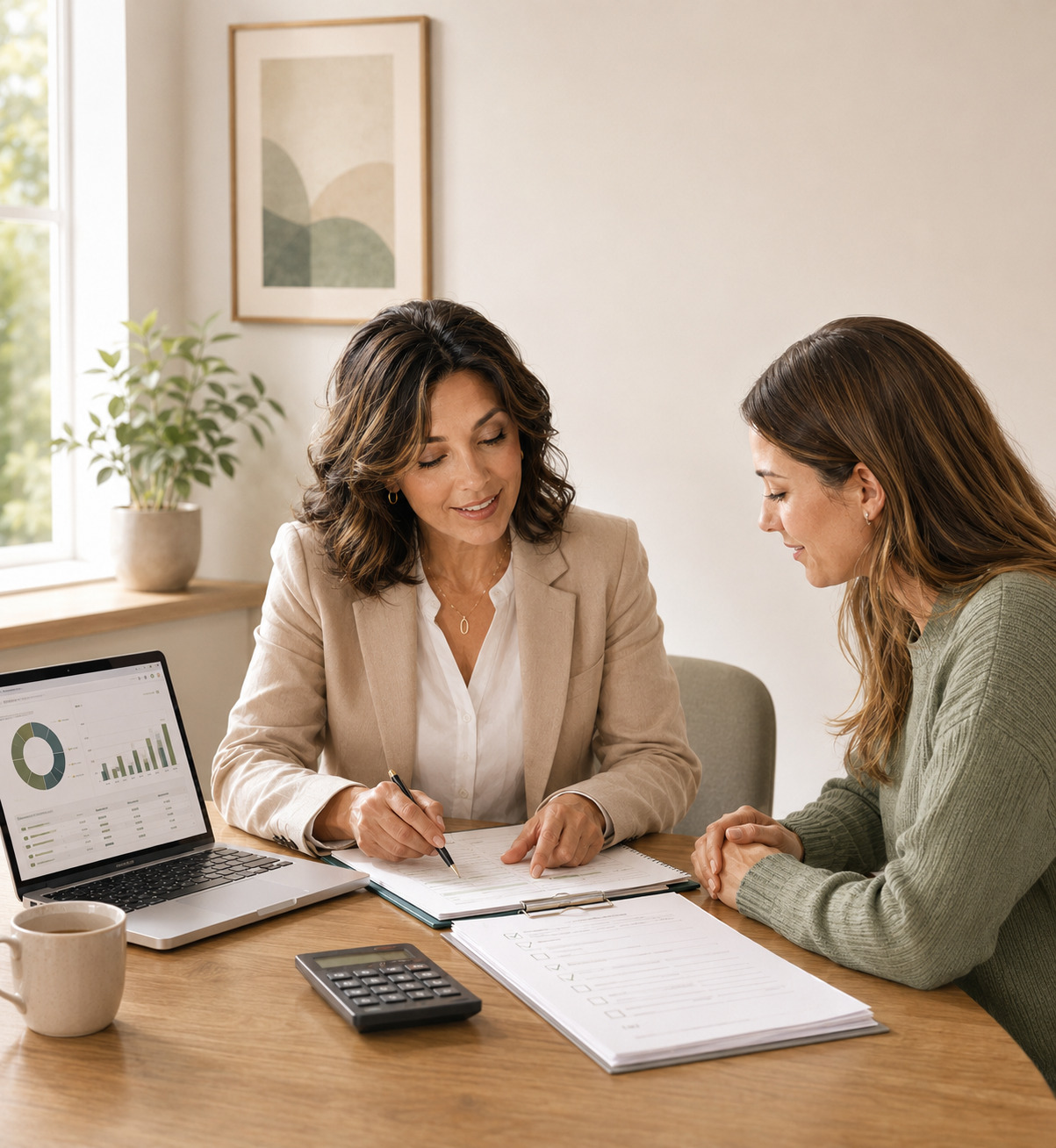 A CPA advisor reviewing financial reports together with a small-business client at a desk